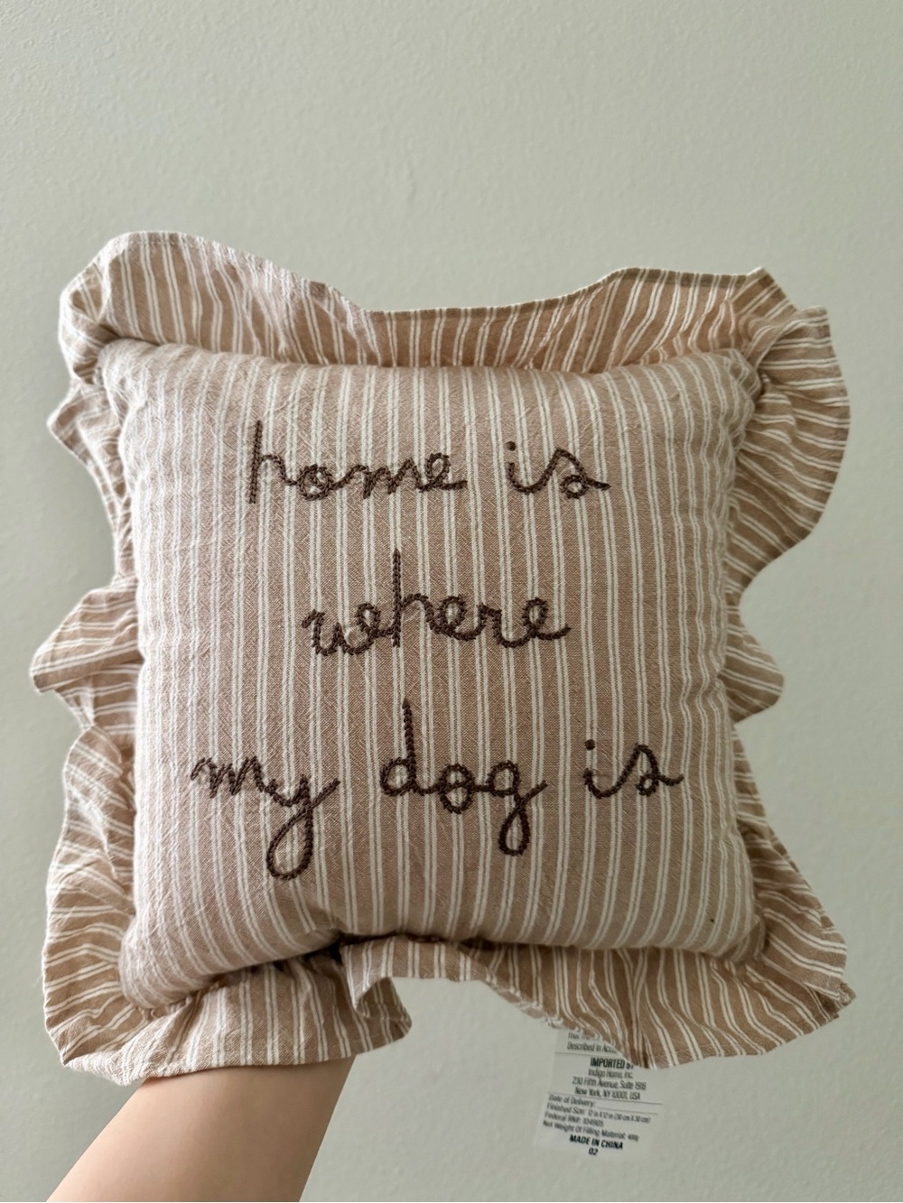 Home Is Where My Dog Is Striped Pinstripe Decorative Pillow Ruffles Embroidered